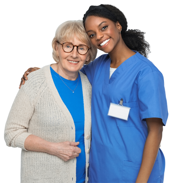 A nurse and an older woman smiling for the camera.