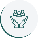 A green icon of two hands holding people.